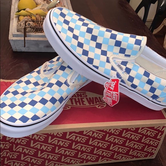 blue and white checkered vans slip ons